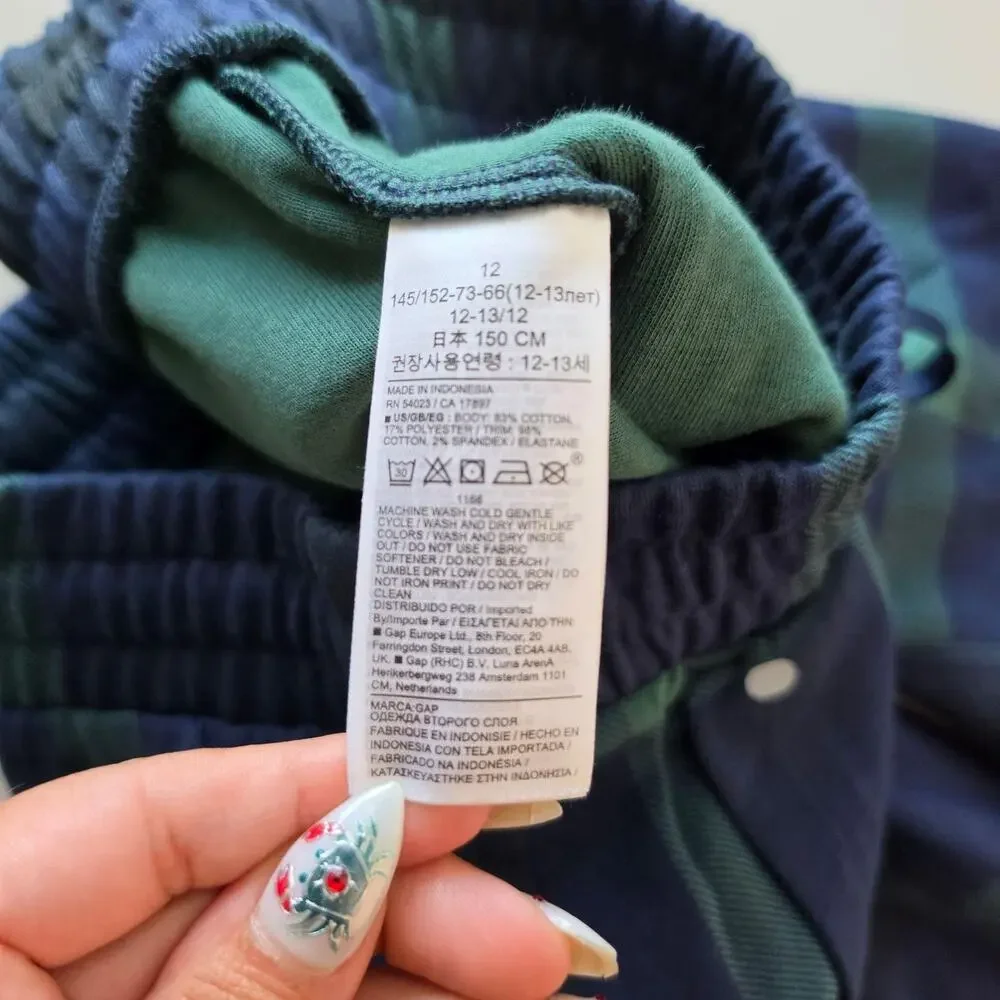 Gap Jogger Pants Kids 12 Blue Green Plaid Knit Drawstring Moisture Wicking